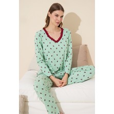 Siyah İnci Yeşil Çiçek Desenli Pamuklu Örme Pijama Takım 24240086