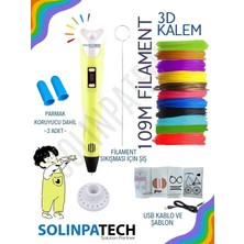 Solinpatech 3D Pen SARI Üç Boyutlu Yazıcı Kalem Printer (Çok Renkli Filament -109METRE- ve USB Kablo Dahil) 