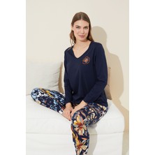 Siyah İnci Lacivert Nakışlı Pamuklu Örme Pijama Takım 24240097
