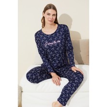 Siyah İnci Lacivert Çiçek Desenli Pamuklu Örme Pijama Takım 24240127