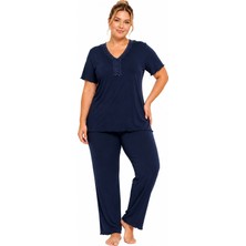 Özkan Underwear Özkan 1000-18-19 Kadın Bambu Kumaş Önü Patlı Dantelli Kısa Kollu Büyük Beden Pijama Takımı