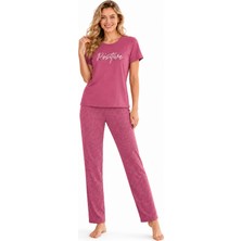 Özkan Underwear Özkan 1000-22-26 Kadın Pamuklu Likralı Önü Baskılı Karışık Desenli Kısa Kollu Bisiklet Yaka Pijama Takımı