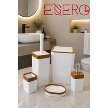 Esero 5'li Banyo Aksesuar Seti Ahşap Desenli Beyaz Banyo Seti Çöp Kovası Wc Fırçası Sıvı Sabunluk Sabunluk Diş Fırçalık Modern Banyo Düzenleyici