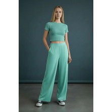 Piyera Kadın Kaşkorse Kumaş Bisiklet Yaka Mint Crop Tişört - 2004