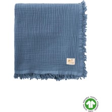 Cigit Dört Katlı Püsküllü Organic Müslin Battaniye 80 X120 Cm İndigo Mavi