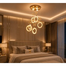 TT804-5+1-SR Tt Aydınlatma Akrilik Kalın Halka 6 Lı Ledli Sarı Kaplama 3 Renk Modüllü Ledli Avize