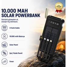 Hzl 10.000mAh Dijital Göstergeli Taşınabilir 22.5W Hızlı Şarjlı Dahili Kablolu Solar Panelli Powerbank Kamp Uyumlu Asma Aparatlı Powerbank