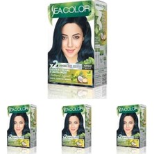 Sea Color Amonyaksız, Vegan, Doğal, Besleyici Kalıcı Saç BOYASI%100 Beyaz Kapama (1 Paket 2 x 50 ml Boya & Oksidan) (Mavi Siyah 1.1) (4 Paketi)