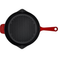 Lava Metal Spring Serisi - Döküm Izgara Tavası, Yuvarlak, 28 Cm, Mat, Parlak Siyah Taban, Kırmızı