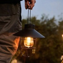 SD Works Güneş Enerjili Siyah Metal Asma LED Fener Bahçe Balkon Teras Lambası Kamp Lambası Tungsten Şamdan