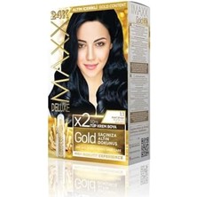 Maxx Deluxe Serisi 24K Altın Parçacıklı Serum ile 1 Kutu 2 x 50 ml ve Geliştiriciler Saç Boyası (Mavi Siyah 1.1)