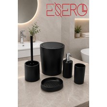 Esero Mat Siyah 5'li Banyo Aksesuar Seti – Modern Çizgili Tasarım | Çöp Kovası, Wc Fırçası, Sıvı Sabunluk, Diş Fırçalık, Sabunluk
