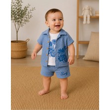 The Two Erkek Bebek Mavi Surf Desenli Müslin 3'lüGömlek Tshirt Şortlu Takım 12-24 Ay