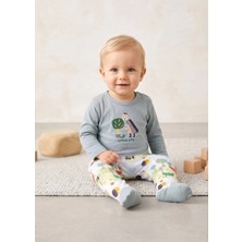 OZMOZ Organik Dino Nakışlı Patikli Mavi Baharlık Erkek Bebek Takım