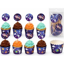 Bkmc Party Uzay Temalı Cupcake Kalıbı ve Kürdan Seti 16 Parça | 8 Cupcake Kalıbı + 8 Uzay Cupcake Süsü | Doğum Günü Parti Süsleri