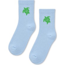 Carnaval Socks Yeşil Kaplumbağa Desenli Açık Mavi Yarım Konç Kısa Çorap