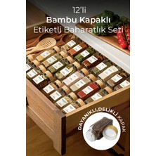 Empressco 12’li Bambu Kapaklı Kare Cam Baharatlık Takımı, Etiket Hediyeli