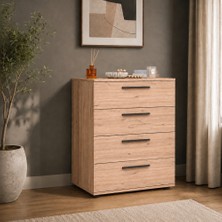 Adore Mobilya White Florida Meşe 4 Çekmeceli Şifonyer 65 x 78 x 41 cm Mat Siyah Alüminyum Kulp ile