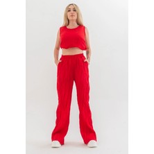 Bold & Young Kraşlı Cepli Beli Lastikli Viskon Polyester Dokuma Pantolon Kırmızı