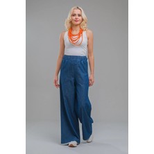 Bold & Young Kadın     Cepli Bol Paça Beli Lastikli Ince Kot Pantolon Indigo Koyu Mavi