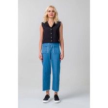 Bold & Young Kadın     Kapaklı Cepli Pis Dikişli Bol Paça Beli Lastikli Ince Kot Pantolon Indigo Açık Mavi