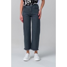 Bold & Young Kadın Bol Paça Beş Cepli Paça Saçaklı Denim Pantolon Antrasit
