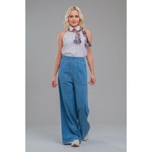 Bold & Young Kadın Cepli Bol Paça Beli Lastikli Ince Kot Pantolon Indigo Açık Mavi