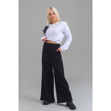 Bold & Young Kadın Siyah Renk Viskon Polyester Likralı Cepli Bol Paça Beli Lastikli Pantolon