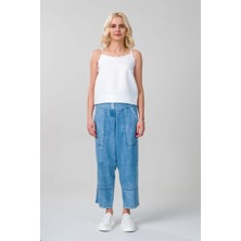 Bold & Young Kadın       Bleach Yıkama Cepli Bol Paça Beli Lastikli Ince Lyocell Kumaş  Kot Pantolon Indigo Açık Mavi