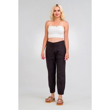Bold & Young Kadın Pamuklu Kumaş Beli Lastikli Paça Lastikli Rahat Kesim Pantolon Pamuklu Siyah