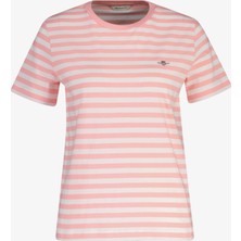 Gant Kadın Pembe Bisiklet Yaka Regular Fit Çizgili T-Shirt
