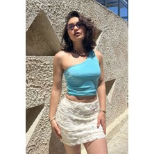 Senin Olsun Mavi Tek Omuz Crop Bluz