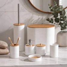 Porsima 4531 8 Parça Banyo Seti - Bambu Kapaklı Çöp Kovası, Sabunluk, Diş Fırçalığı ve Wc Fırçası Beyaz