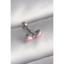 Modamizo Mey Ithalat® 316L Çelik Gümüş Renk Pembe Kurdele Zirkon Taş Detay Tragus Piercing