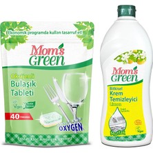 Mom's Green 2'li Set - Oksijenli Bulaşık Makinesi Tableti (40 Tablet) ve 750 ml Bitkisel Krem Temizleyici Mutfak Limonlu