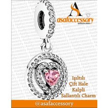 Işıltılı Çift Katlı Hale Kalpli Sallantılı Charm Gümüş