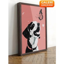 Zestia Kahverengi Çerçeveli Kanvas Tablo Köpek ve Kelebek Premium Seri No 112218