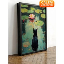 Zestia Siyah Çerçeveli Kanvas Tablo Nilüfer Yaprağında Kedi Premium Seri No 107358