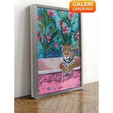 Zestia Gümüş Çerçeveli Kanvas Tablo Leopar, Çiçekli Duvar Kağıdı, Dijital Sanat Premium Seri No 106548