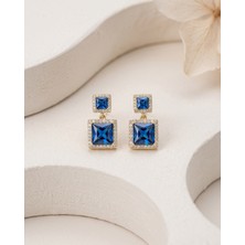 Lyra Sapphire Ikili Kare Safir Mavisi Zirkon VİP Gold Kadın Küpe