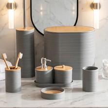 Porsima 4532 8 Parça Banyo Seti - Bambu Kapaklı Çöp Kovası, Sabunluk, Diş Fırçalığı ve Wc Fırçası Gri