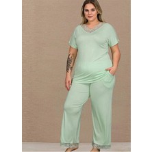 Yare Lady Açık Yeşil Renk, B-637 Pamuklu Büyük Beden Geniş ve Dantelli Paça Anne Pijama Takımı