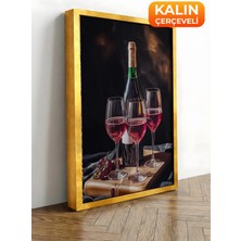 Zestia Gold Çerçeveli Kanvas Tablo Kırmızı Şarap ve Kadehler Premium Seri No 113045
