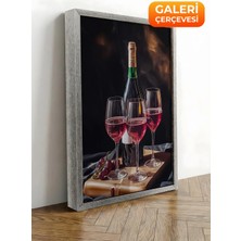 Zestia Gümüş Çerçeveli Kanvas Tablo Kırmızı Şarap ve Kadehler Premium Seri No 113045