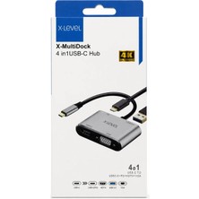X-Level 4 Port Type-C To 4K HDMI ve VGA Görüntü Aktarıcı Dönüştürücü Hub