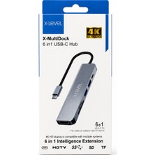 X-Level 6 Port Type-C Hub Hub Çoklayıcı Adaptör (4k Hdtv, Pd Şarj, Sd/tf, USB 3.0)