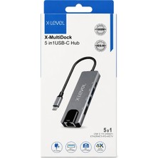 X-Level 5 Port Type-C To 4K Hdmı, Gigabit Ethernet ve 100W Pd Hızlı Şarj Hub Adaptör