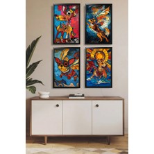 Dekorvia 4 Parça Mdf Tablo Siyah Ahşap Çerçeve Görünümlü Modern Renkli Köpek Sanatı