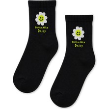 Carnaval Socks Have A Nice Daisy Papatya Desenli Siyah Yarım Konç Kısa Çorap