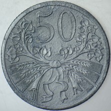 Banknoting Bohemya Moravya Protektorası 50 HALERU1941 Çinko. Iı. Dünya Savaşı Nazi Almanyası Özel Bölge.